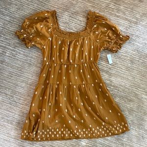 Mustard cotton ivory embroidered flower puff sleeve dress